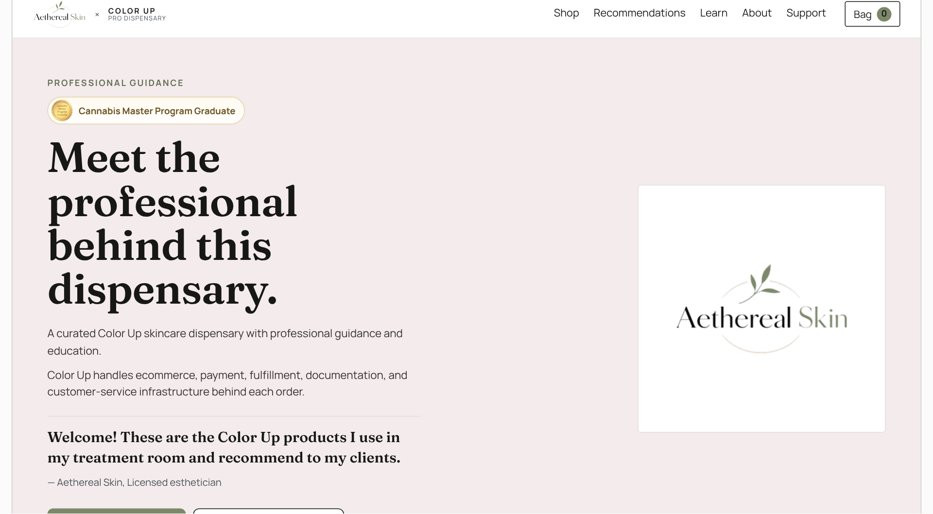 A co-branded Pro Dispensary storefront for a sample practice, Aethereal Skin